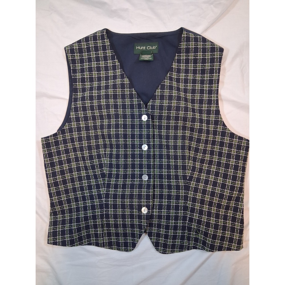 Vintage Hunt Club 90s Plaid Vest Women 16 Blue Green White Preppy Academic USA